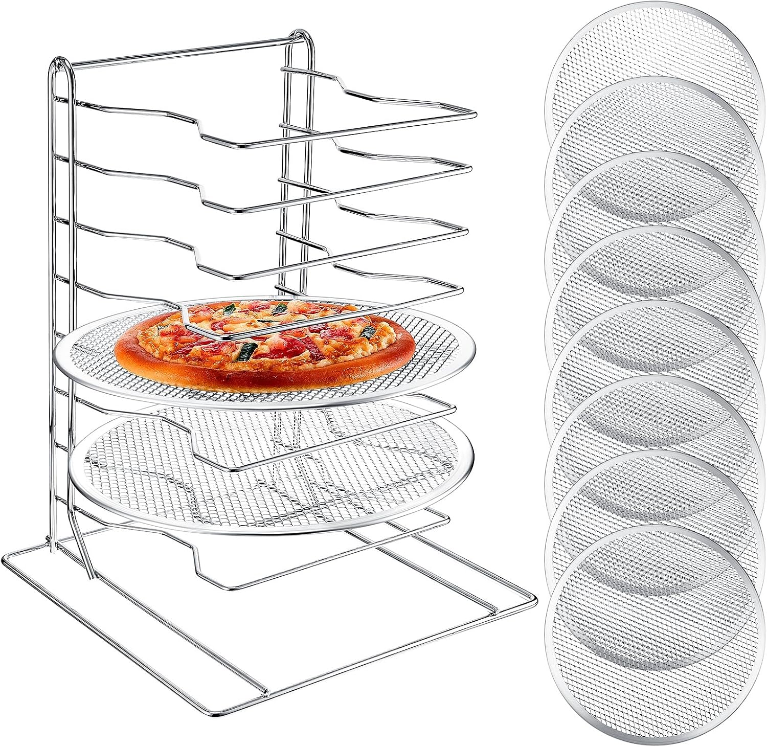 Commercial Kitchen Rack - ピザラック 8段スタンド、穴あきアルミ製ベーキングパン8枚付き、業務用ピザ陳列棚、家庭用・レストラン・キッチン用カウンタートップ冷却ラックセット、12インチ
