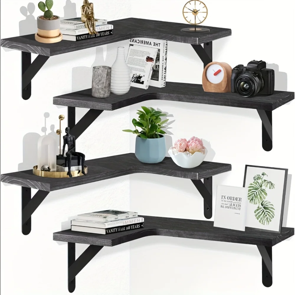 Commercial Kitchen Rack - 天然木目調フローティングシェルフ 壁掛けコーナー収納 モダンな家の装飾 キッチンオーガナイザー