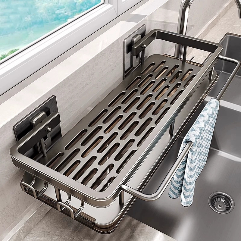 Commercial Kitchen Rack - 多機能キッチン棚、乾燥ラック、モップ収納、穴あけ不要の壁掛け式、家庭用スパイスラック、シンクの蛇口台