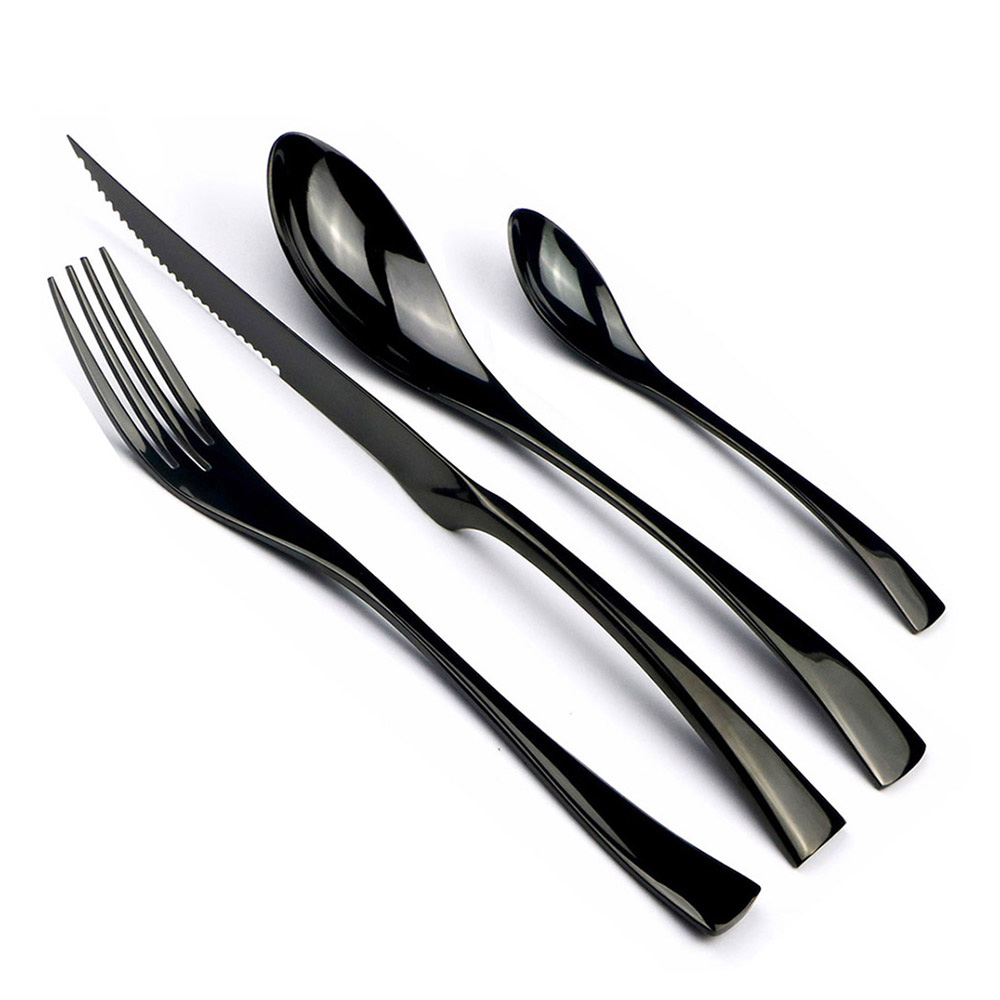 Commercial Kitchen Knives - 18/10ステンレス製食器,黒,4個,ステーキナイフ,フォーク,スプーン,小さじ,食品カトラリー,直送