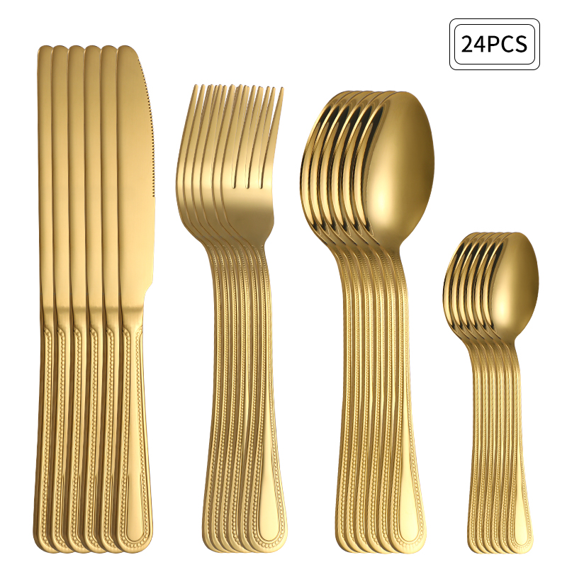 Commercial Kitchen Knives - 24ピース ステンレス製 ゴールド カトラリーセット ナイフ フォーク