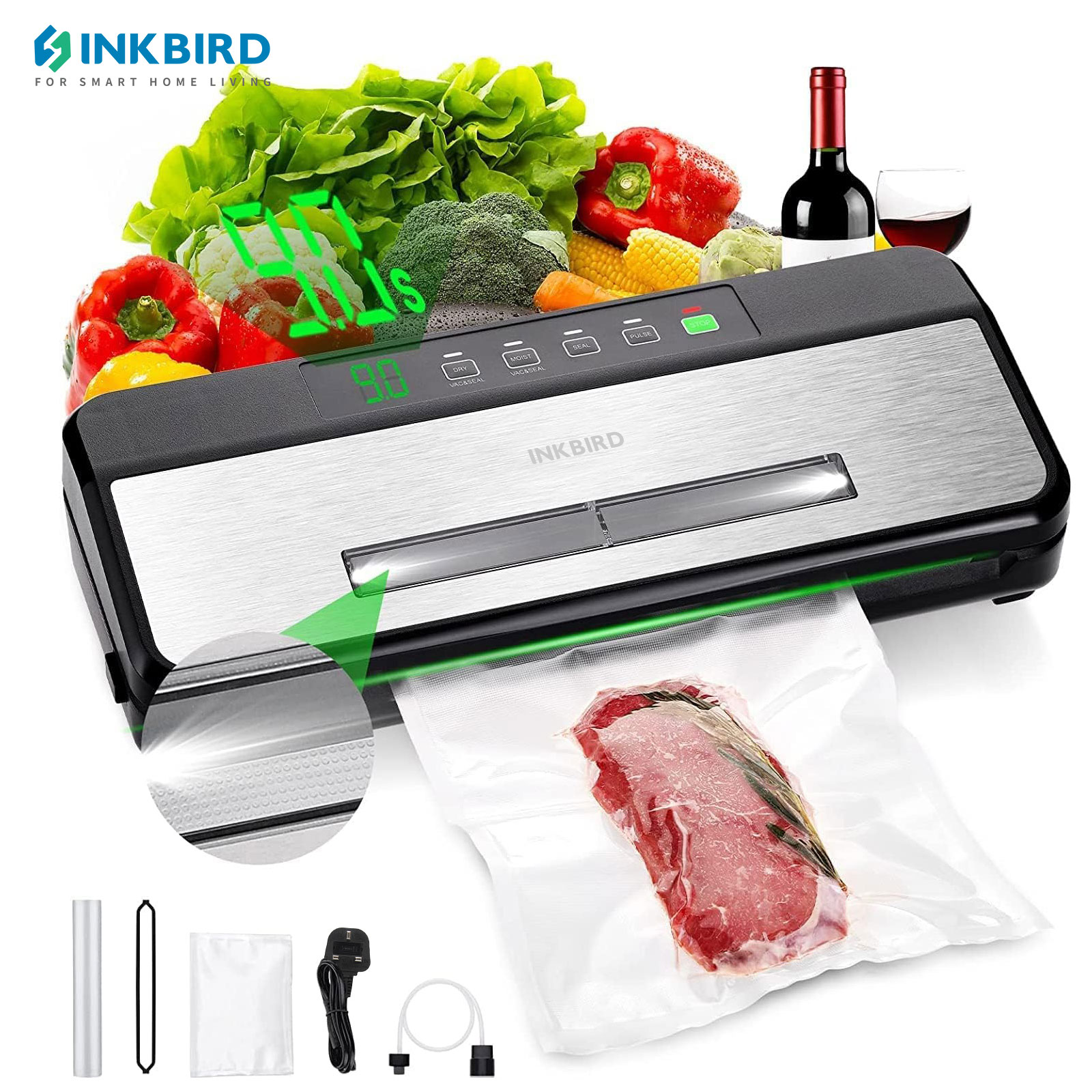 Vacuum Sealer - スターターキット付き真空シーラーINKBIRD-3rd,高吸引80Kpa,キッチンおよび家庭用食品シーラー,肉および野菜用