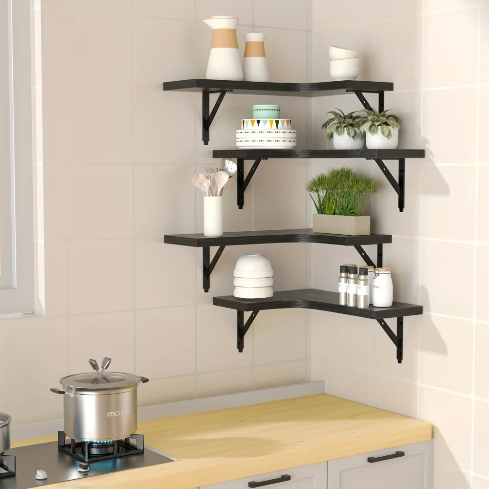 天然木目調フローティングシェルフ 壁掛けコーナー収納 モダン - Commercial Kitchen Rack のレビューと価格