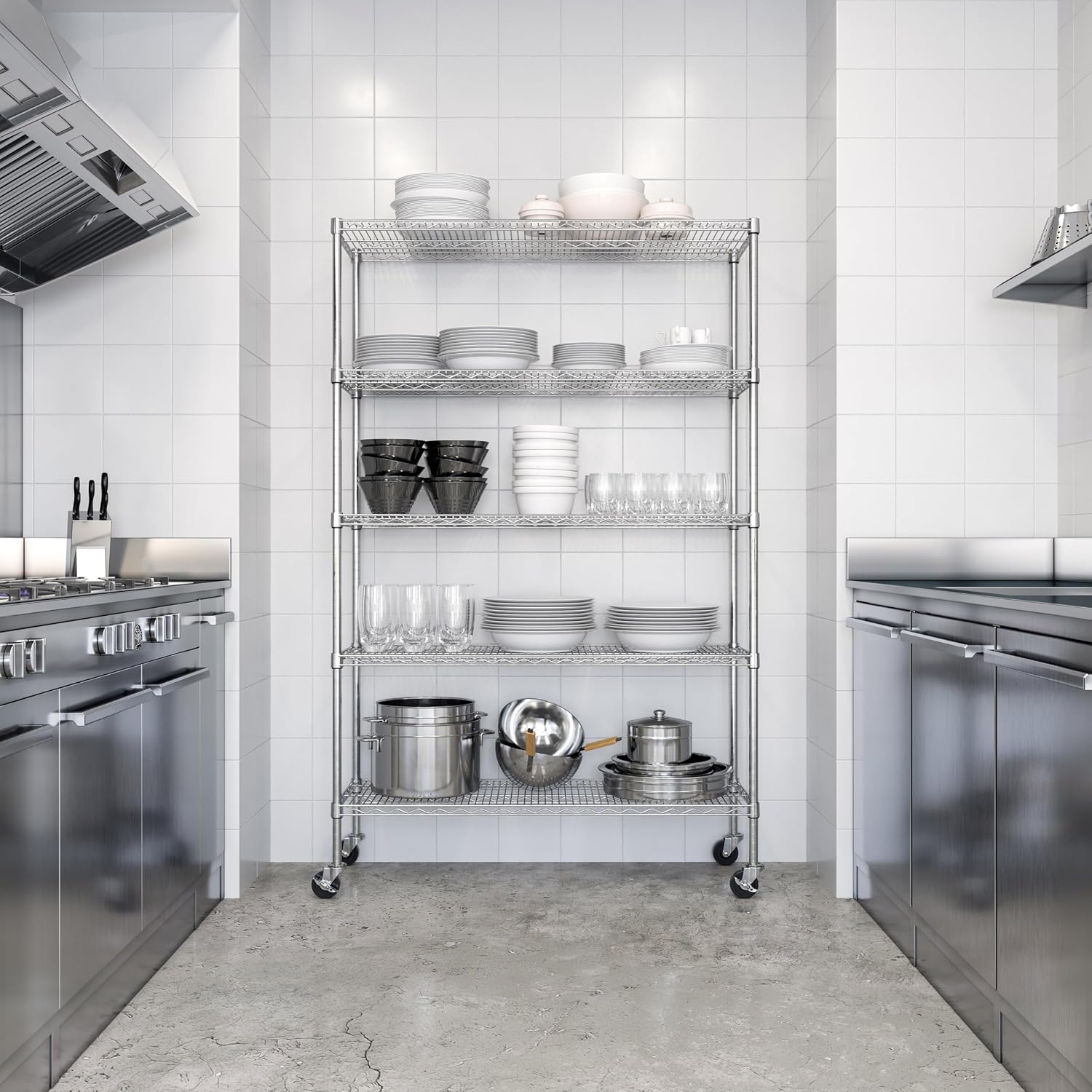業務用5段スチールワイヤー収納ラック、頑丈な棚オーガナイザー - Commercial Kitchen Rack のレビューと価格