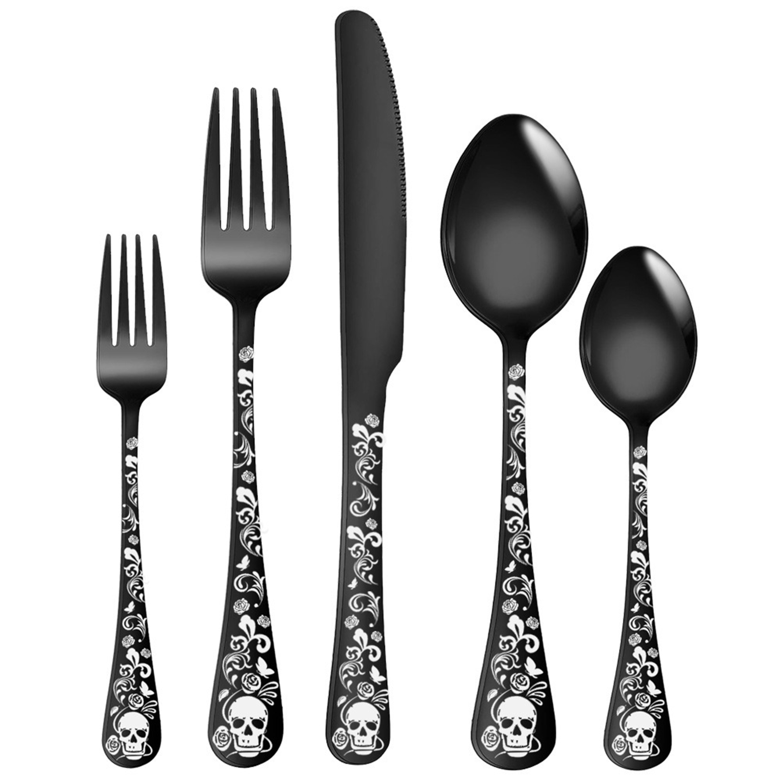 5 個のスカルパターンステンレス鋼カトラリーセットハロウィン - Commercial Kitchen Knives のレビューと価格