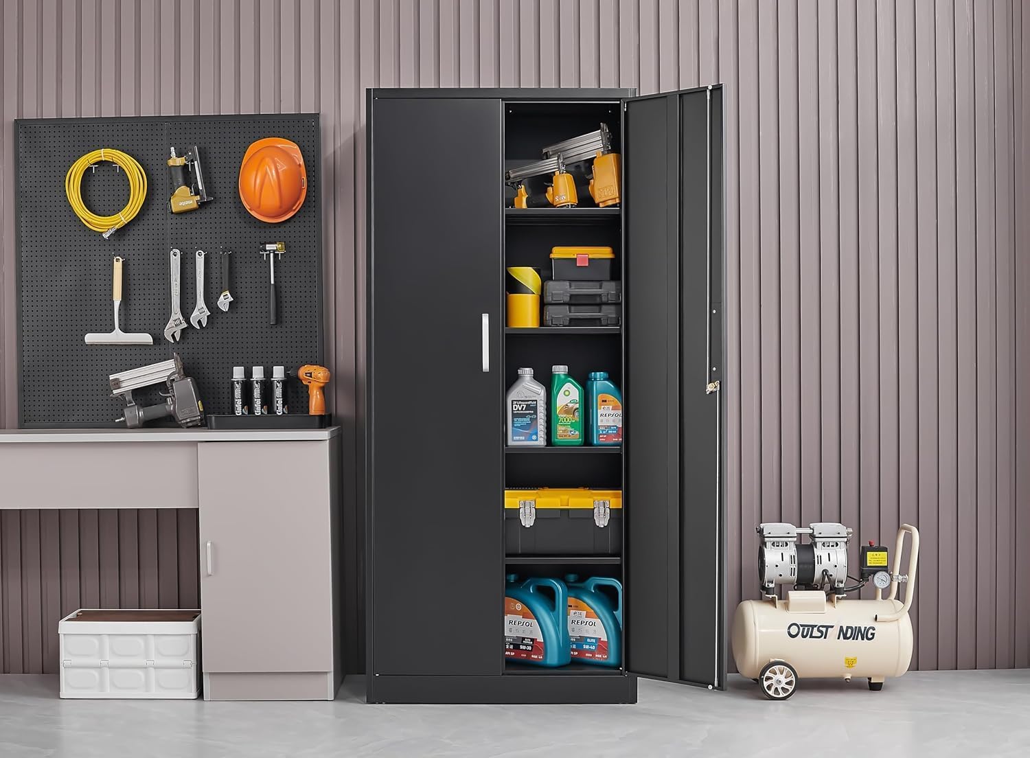 調節可能な棚付き金属製収納キャビネット ドアと棚付きの黒いガ - Commercial Kitchen Rack のレビューと価格